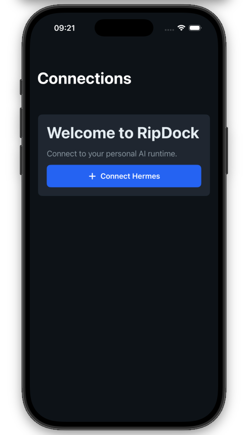 RipDock App welcome screen with a Connect Hermes button