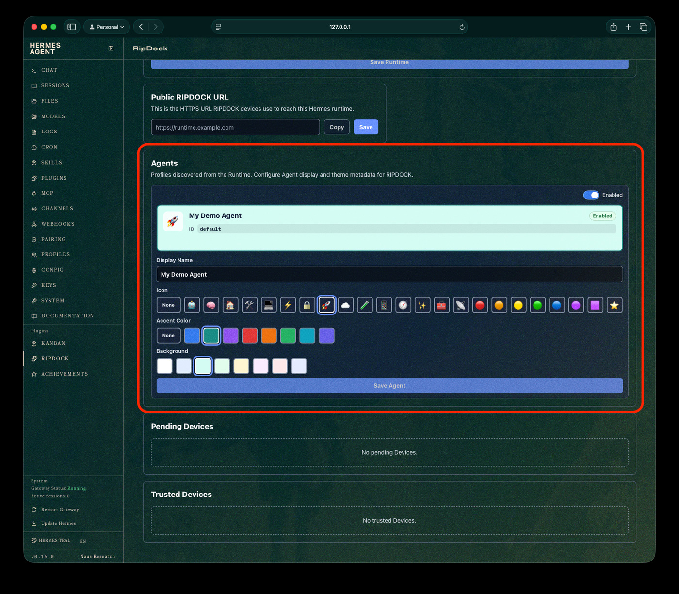 Hermes dashboard RipDock plugin page with Agent metadata settings highlighted