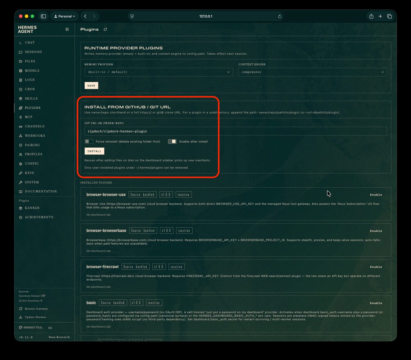 Hermes dashboard Plugins page with Install From GitHub or Git URL