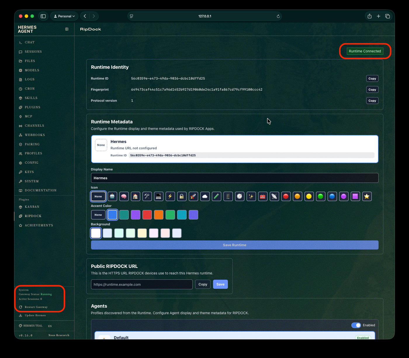 Hermes dashboard RipDock plugin page with Gateway Status Running and Runtime Connected callouts