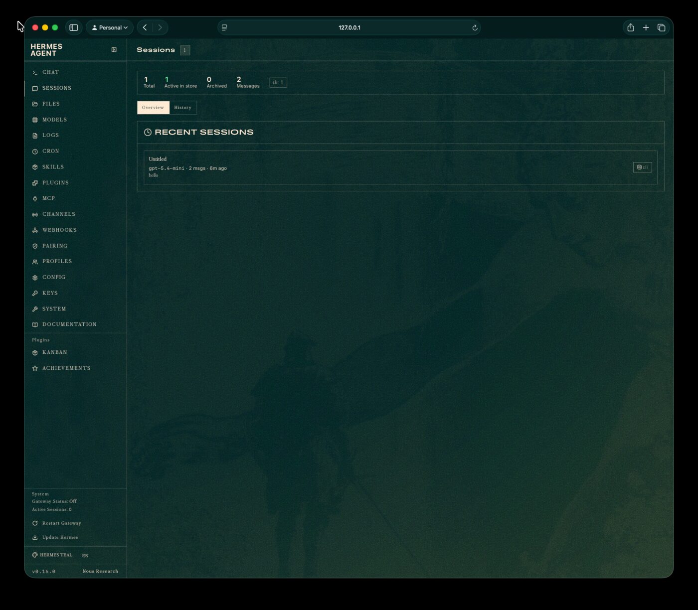 Hermes dashboard showing the Sessions page