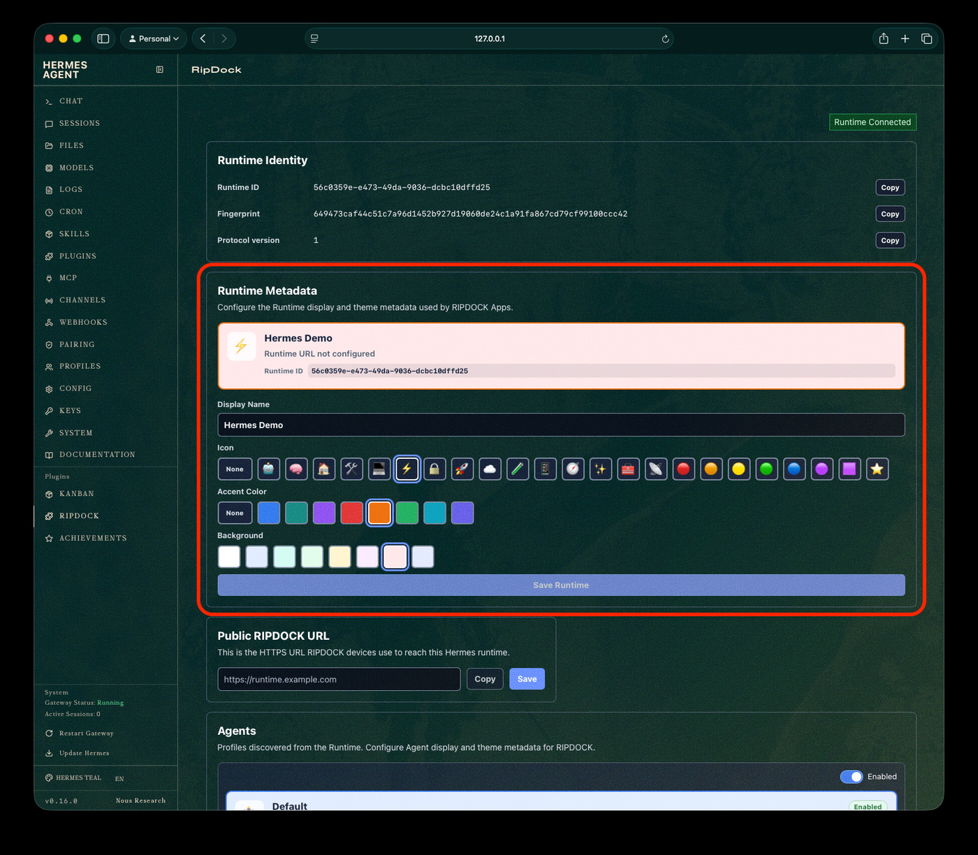 Hermes dashboard RipDock plugin page with Runtime metadata settings highlighted